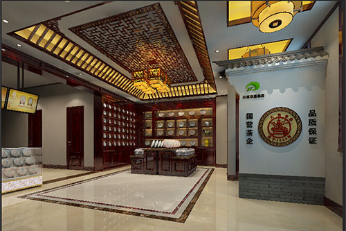 青白江古朴典雅的中式茶叶店大堂设计效果图